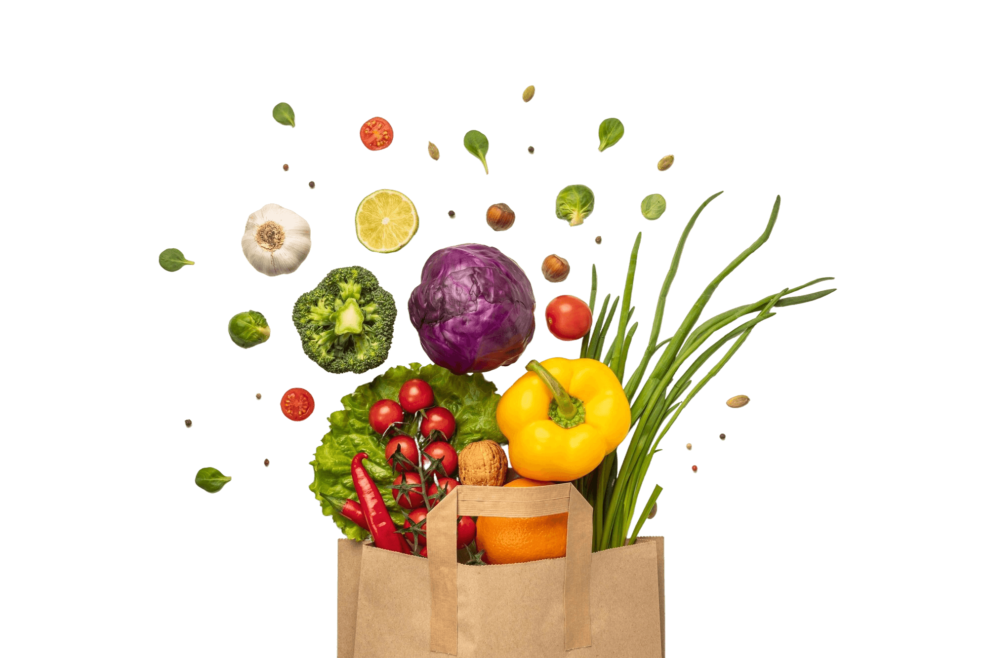 Grocery bag filled with fresh vegetables and produce